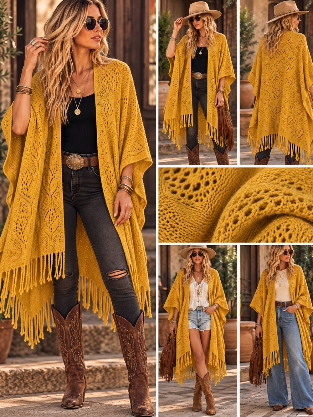 Do everything in love Mustard Open-Knit Fringe Poncho